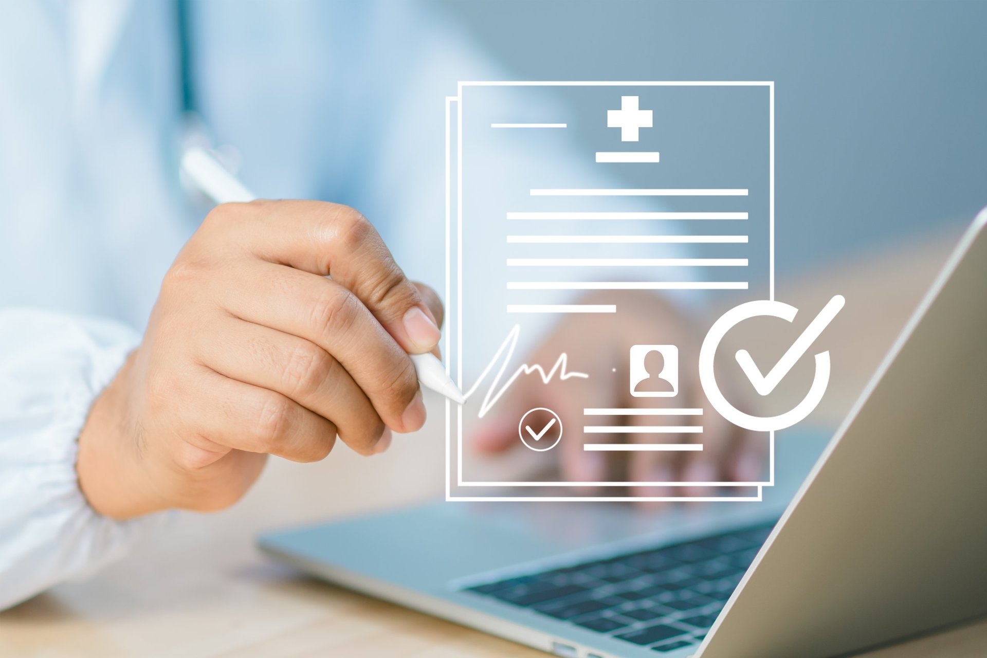 E-signature compliance in healthcare shows doctor signing secure digital consent form on laptop, symbolizing patient approval, audit readiness, legal verification, efficient data protection workflow.